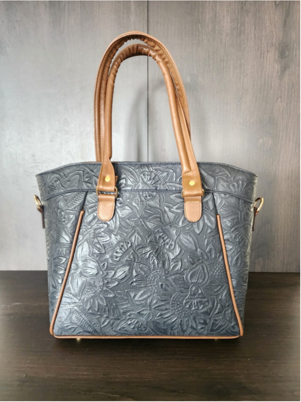Sunflower Marine NAVY Blue Brown Embossed Tooled Artisan LEATHER Purse Handbag - Picture 8 of 16